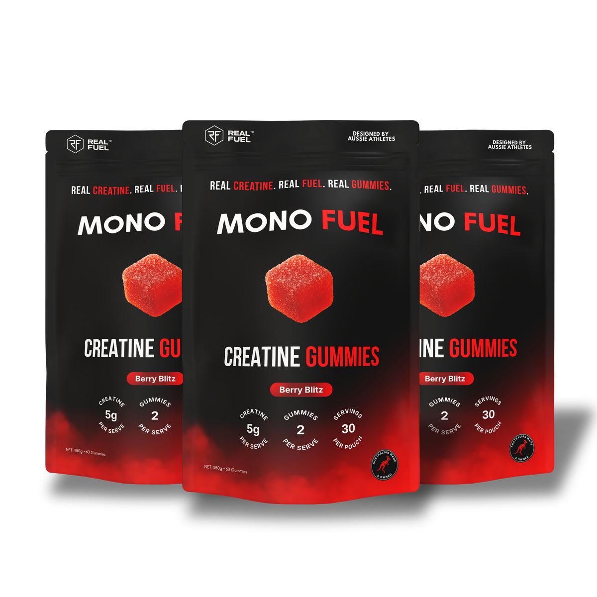 MONO FUEL Creatine Gummies, three pouch stack