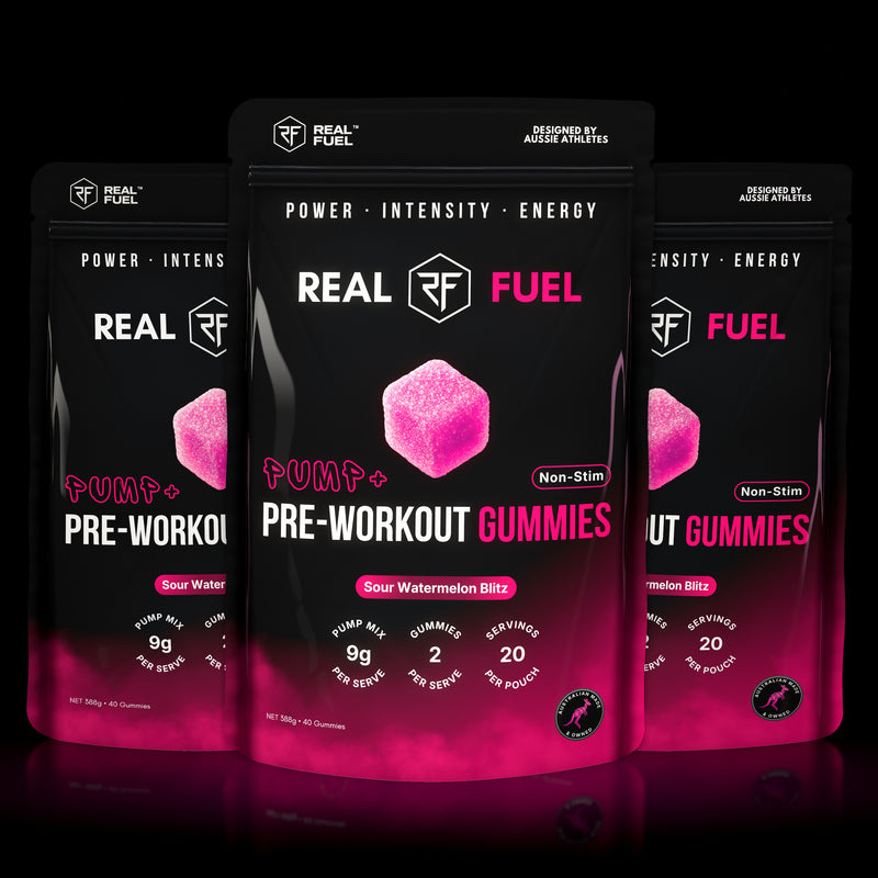 REAL FUEL PUMP+ Pre-Workout Gummies, Sour Watermelon Blitz, three pouches