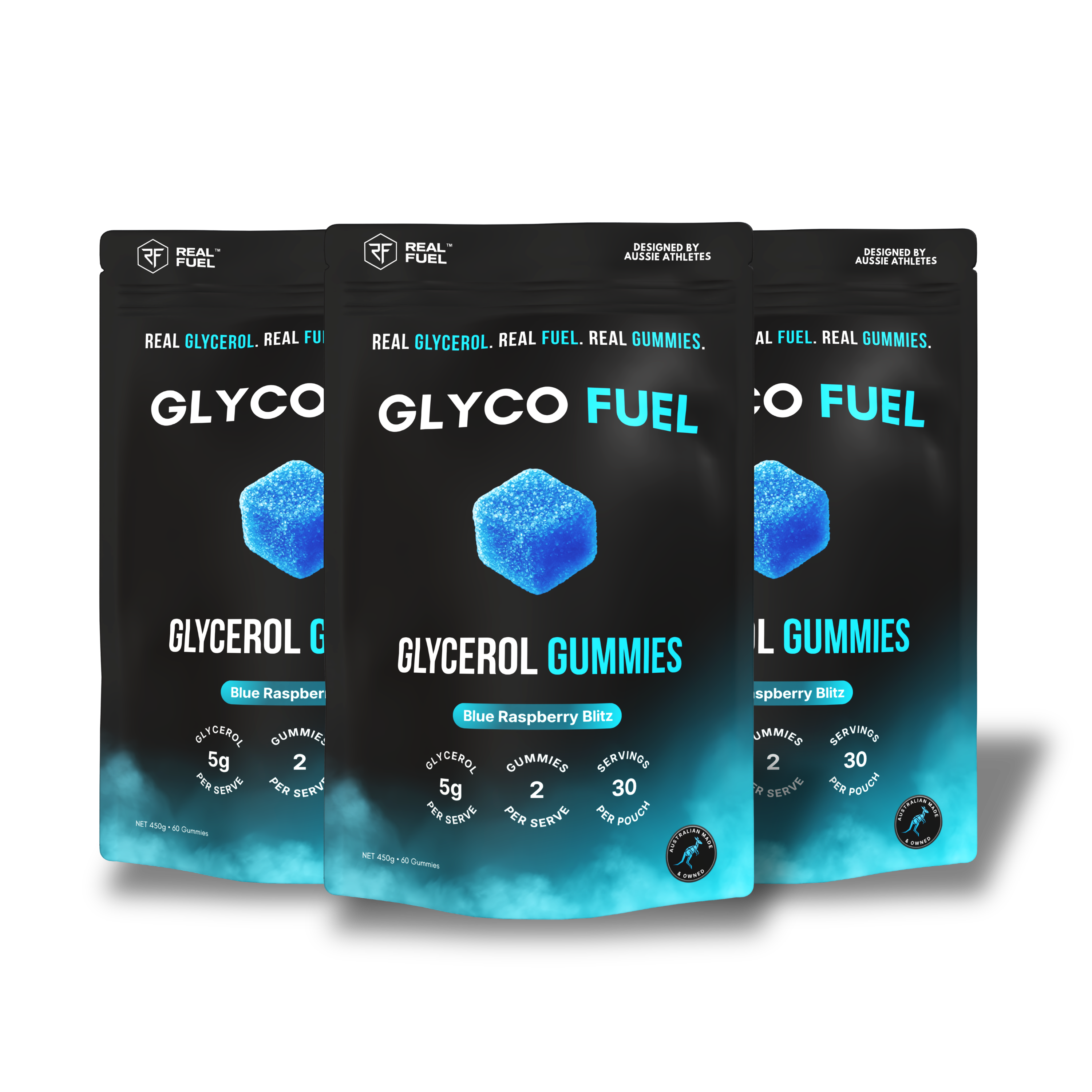 GLYCO FUEL Glycerol Gummies, three pouch stack, Blue Raspberry Blitz