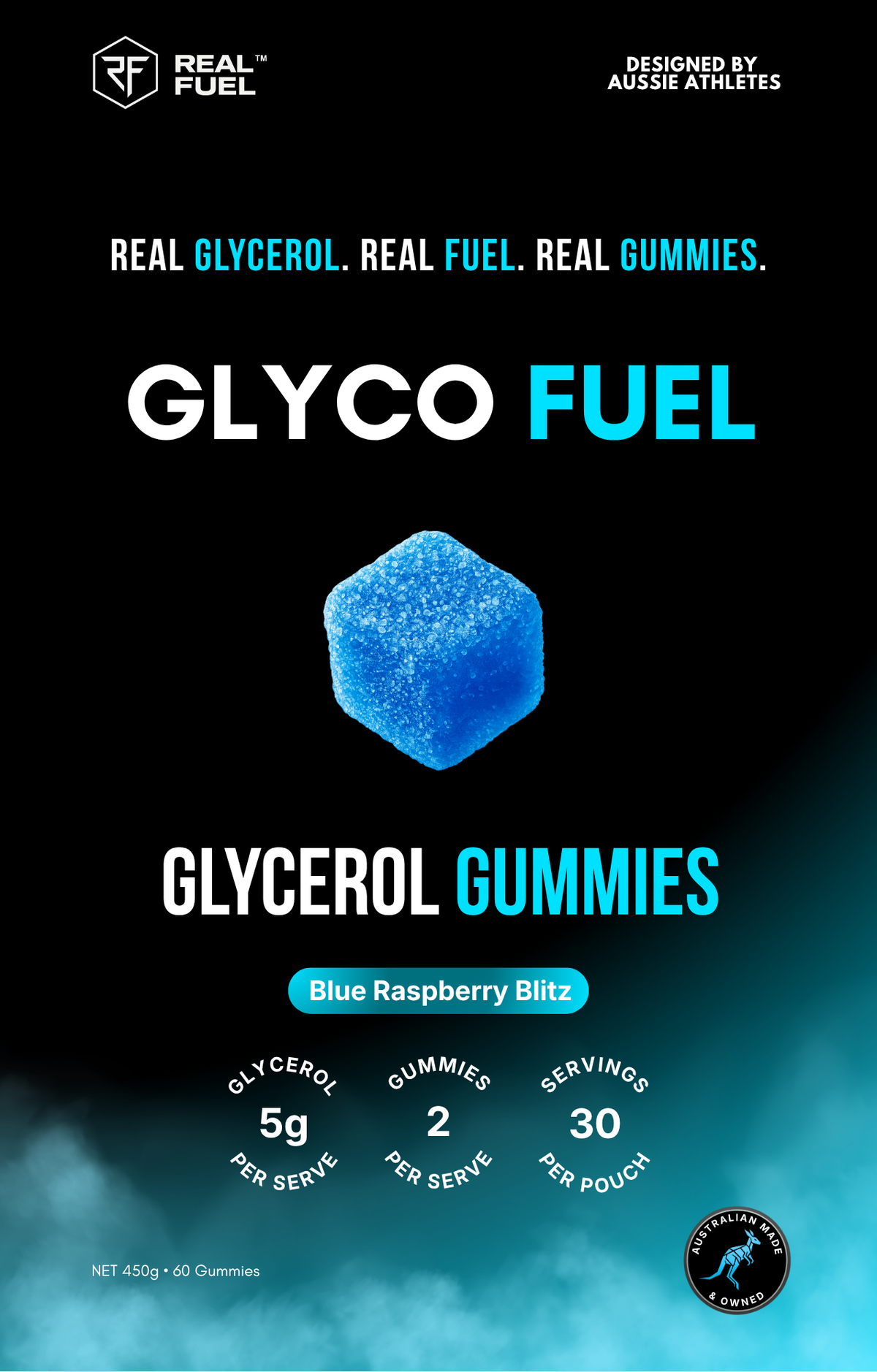 GLYCO FUEL front of pack label, 5 g glycerol per serve, 2 gummies, 30 serves, Australian Made