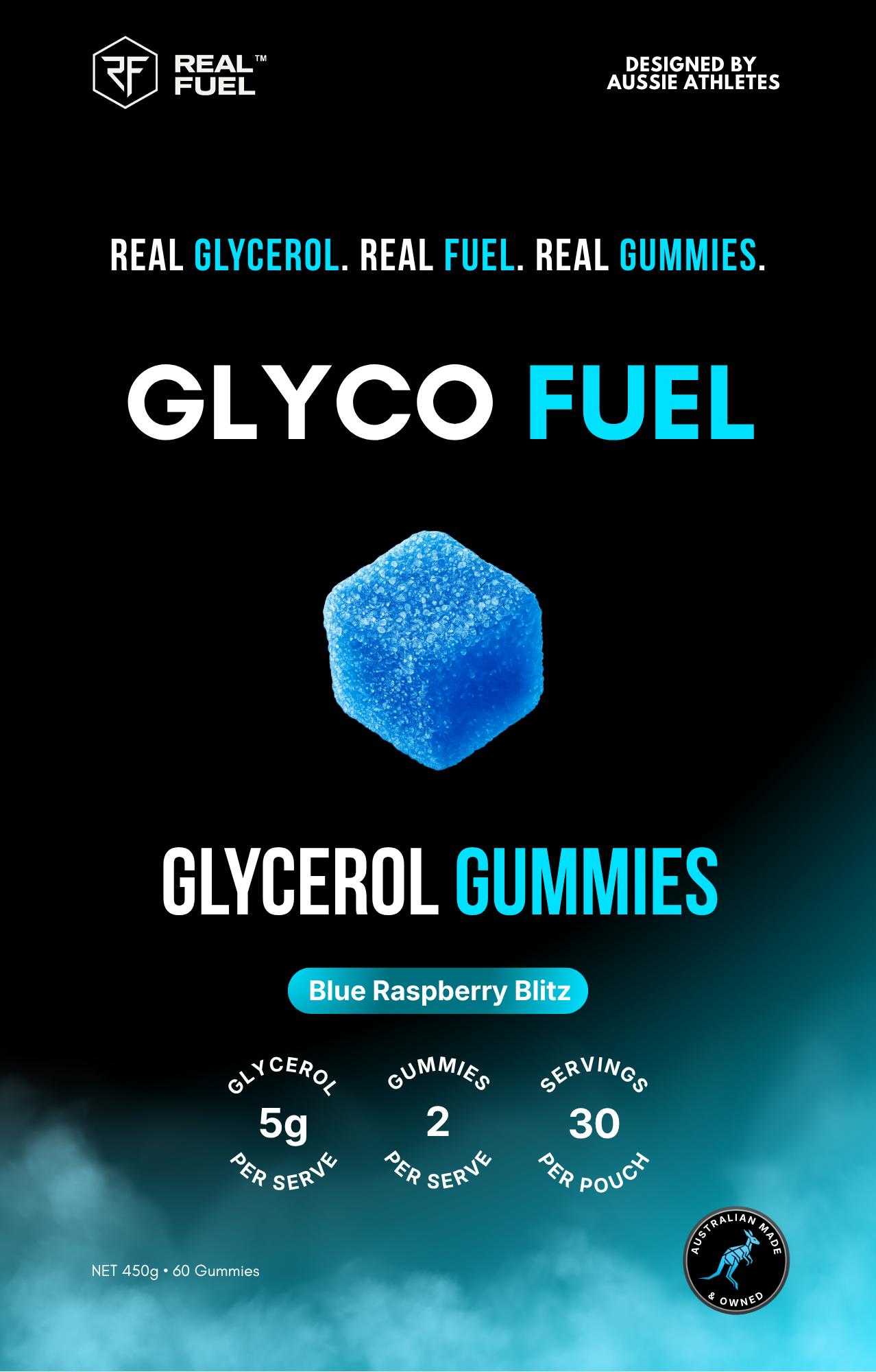 GLYCO FUEL front of pack label, 5 g glycerol per serve, 2 gummies, 30 serves, Australian Made