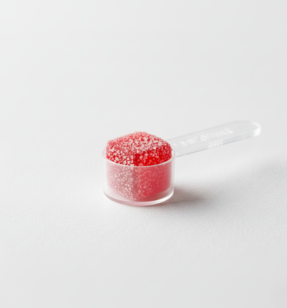 The same full 5 g serve, as a gummy in a measuring scoop
