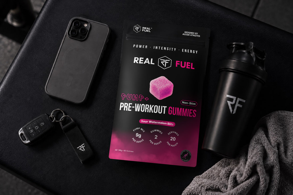 REAL FUEL PUMP+ Sour Watermelon Blitz pouch with phone, keys and shaker