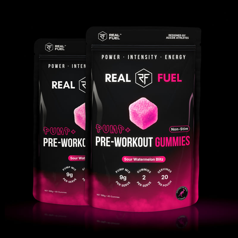 REAL FUEL PUMP+ Pre-Workout Gummies, Sour Watermelon Blitz, two pouches