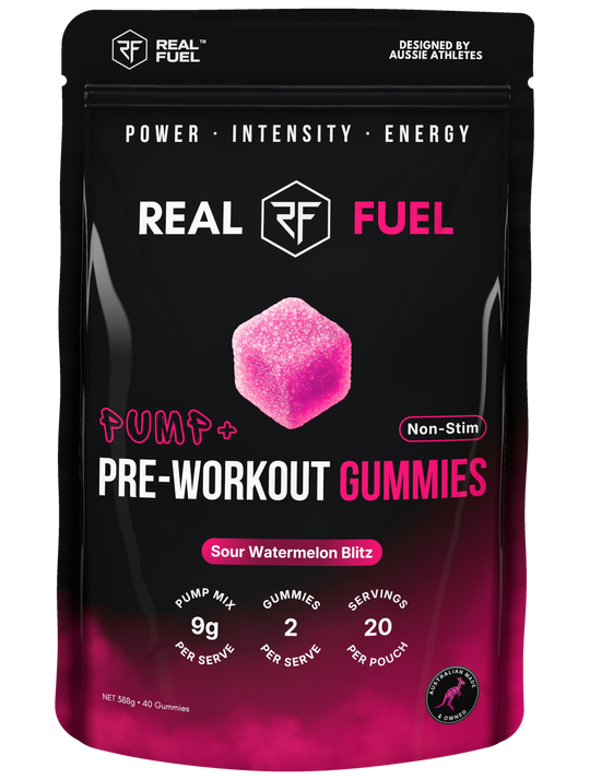 REAL FUEL PUMP+ Pre-Workout Gummies pouch, Sour Watermelon Blitz
